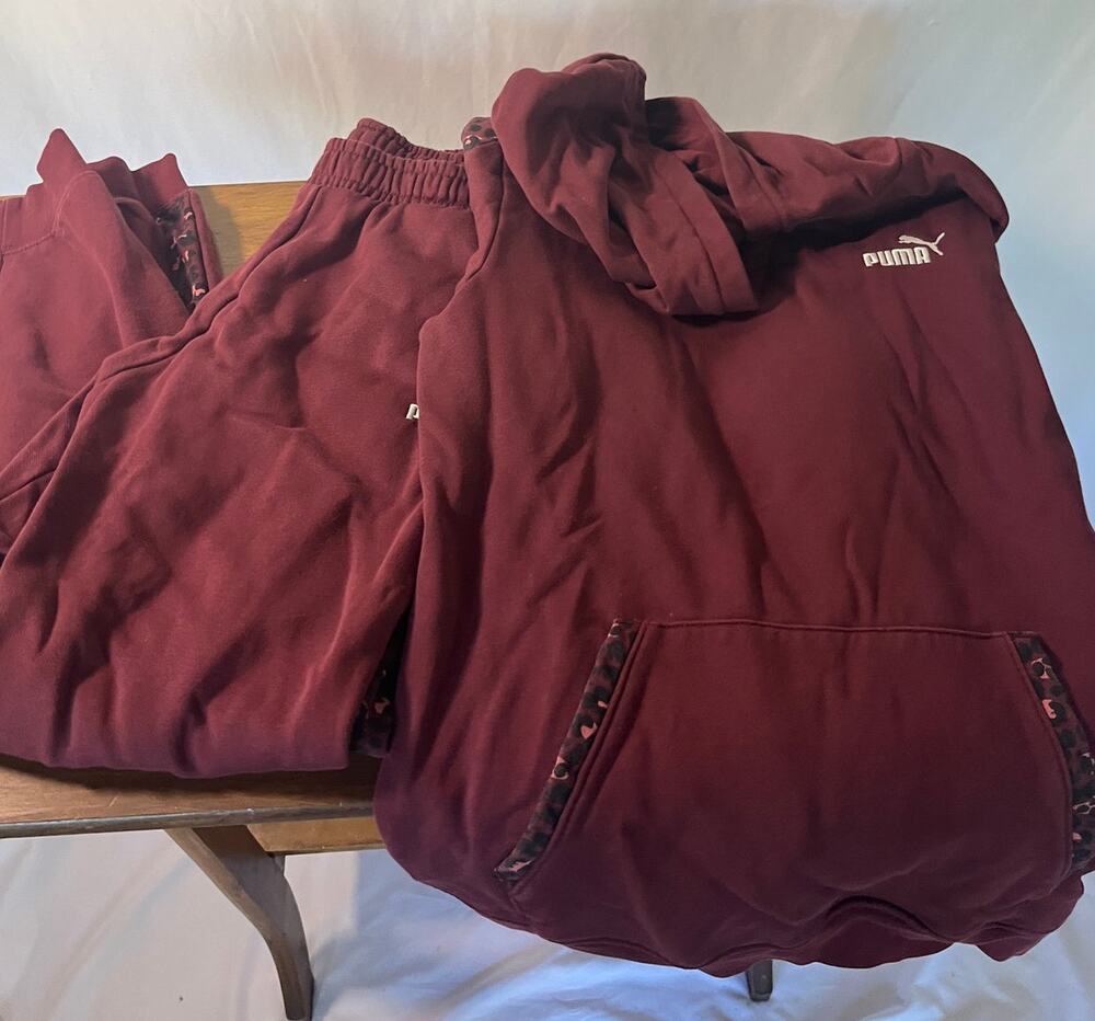PUMA Girls Juniors 2-Piece Set Hoodie & Joggers Maroon Pink Leopard Trim Size XL